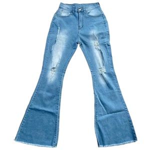 Womens Jeans Small Blue Denim Distressed Bell Bottoms